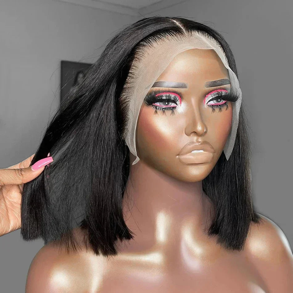 16Inch Vietnamese Super Double Drawn Bone Straight 13x4 Frontal Bob Wig with Human Hair Natural Black 210%Density For BlackWomen