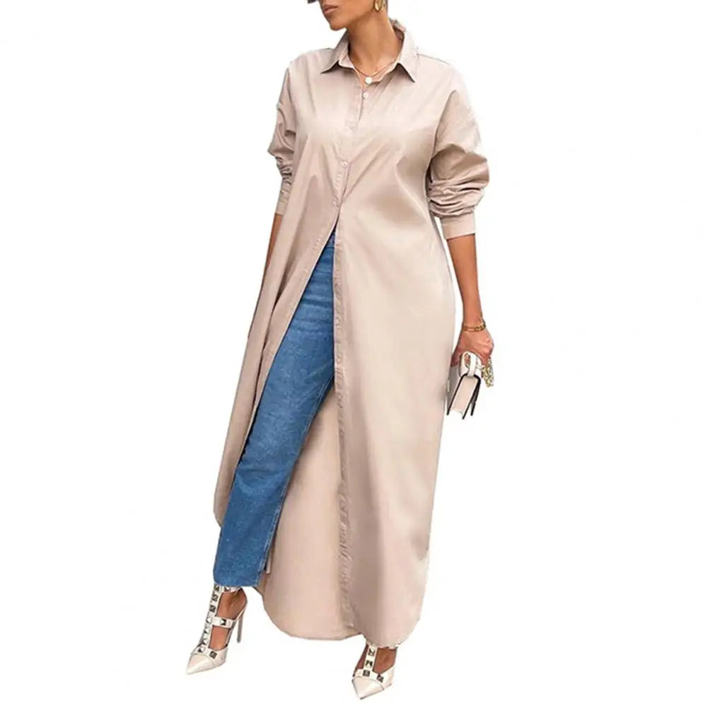 Women Shirt Windproof Shirt Dress Versatile Hem Stylish Autumn Winter Solid
