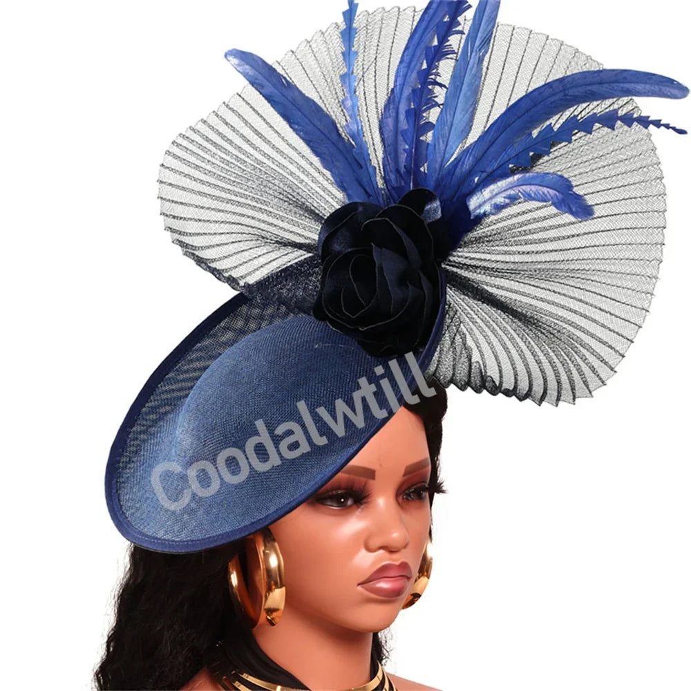 Navy Mesh Fascinator Wedding Women Hat Ladies Royal Ascot Headpiece For Festival Party Pillbox Cap Flower Headwear Church Event