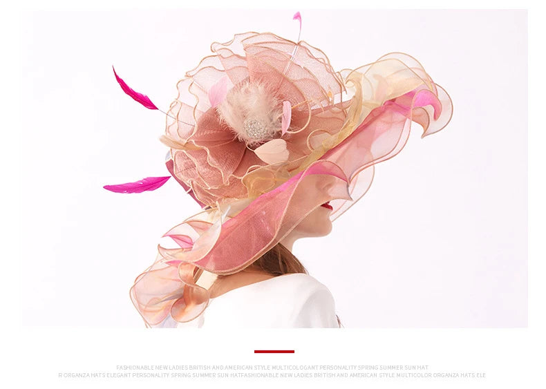 Summer Organza Kentucky Derby Hats For Women Elegant Fascinator Hats Ladies Large Wide Brim Church Wedding Hat With Big Flower