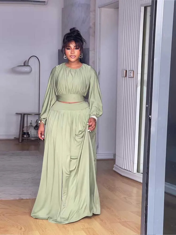 Women's Clothing Autumn 2-piece Long Sleeve Top and Long Skirt Set Casual Dress