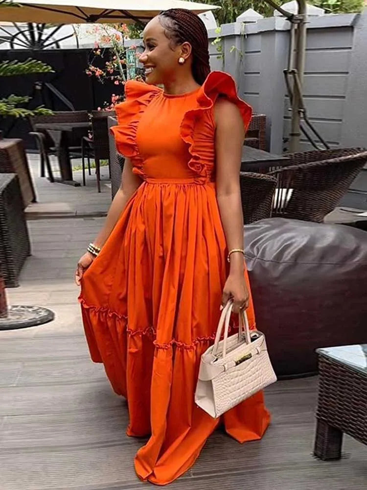 Long Summer Knitted Dress Ruffle Sleeves Casual Orange Dress Women Elegant Luxury Ladies Straight Dresses Wholesale Dropshipping