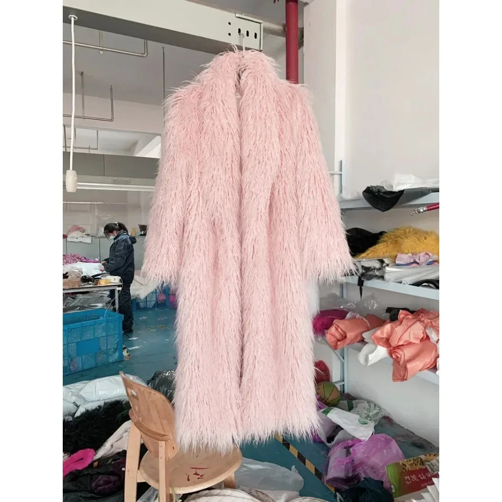 Faux Fur Jacket Women Long Coat Thick Fluffy Winter Warm Shaggy Overcoat Open