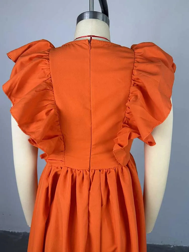Long Summer Knitted Dress Ruffle Sleeves Casual Orange Dress Women Elegant Luxury Ladies Straight Dresses Wholesale Dropshipping