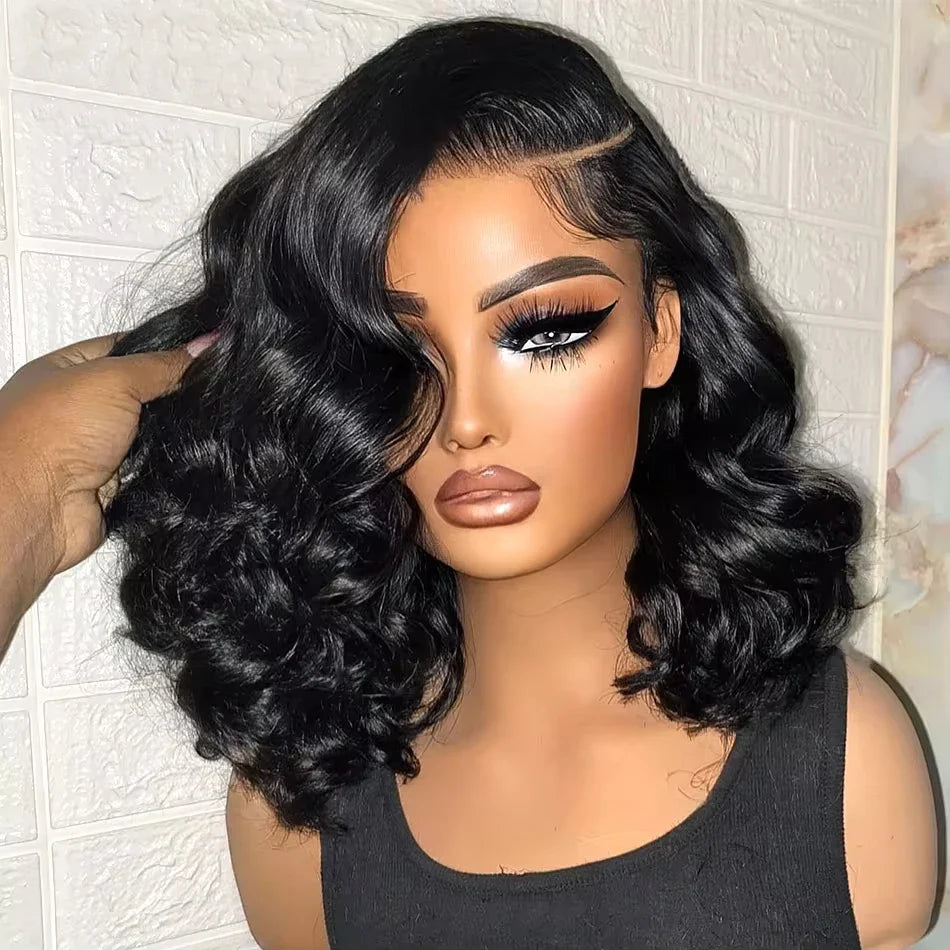 13x4 Short Body Wave Lace Frontal Bob Wig 200% Density Brazilian Remy 100% Human Hair Transparent Lace Wigs For Women 12 14 Inch