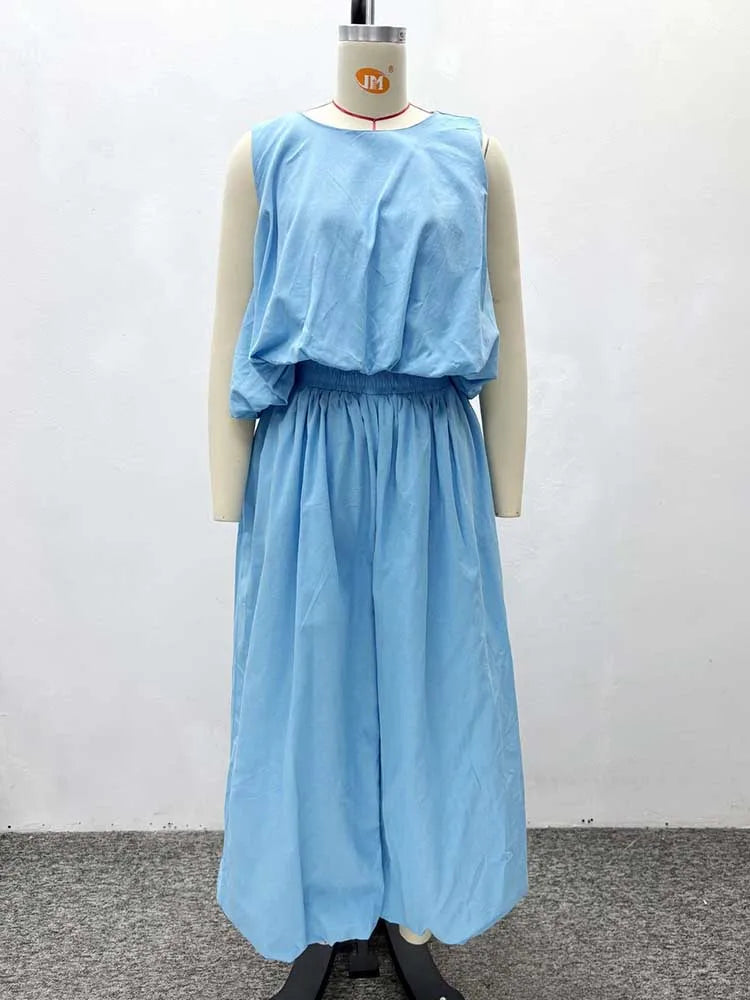 Sets for Women 2 Elegant Pieces Sky Blue Sleeveless Top and Wide Leg Pant Casual Loose Fit Summer Outfits Knit Pants Set
