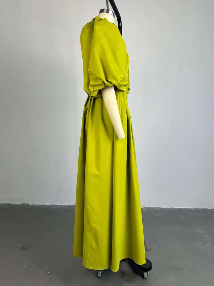 Women Ruched Dresses with Sleeves Spring High Waist Elegant Slash Neck Long Dress Sexy Green Dress Wholesale Dropshipping