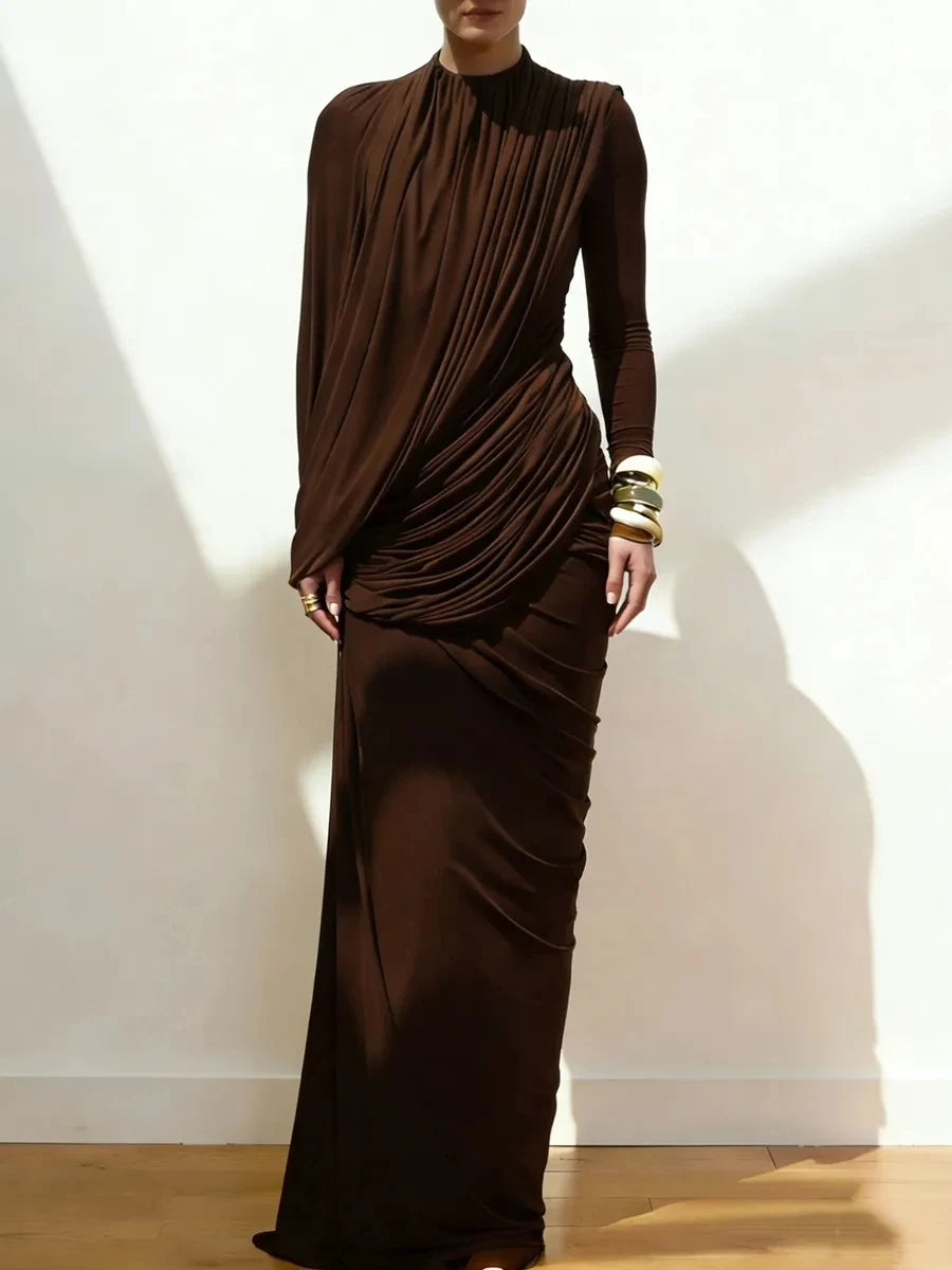 TWOTWINSTYLE Casual Spliced Folds Irregular Dresses for Women Round Neck Long Sleeves Tunic Design Sense Long Dress Female New