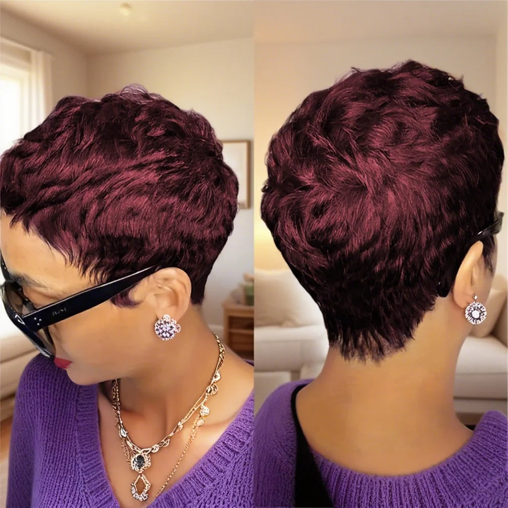 Short Pixie Cut Wig  With Bangs Human Hair 180 Density For Women Machine Made Wig