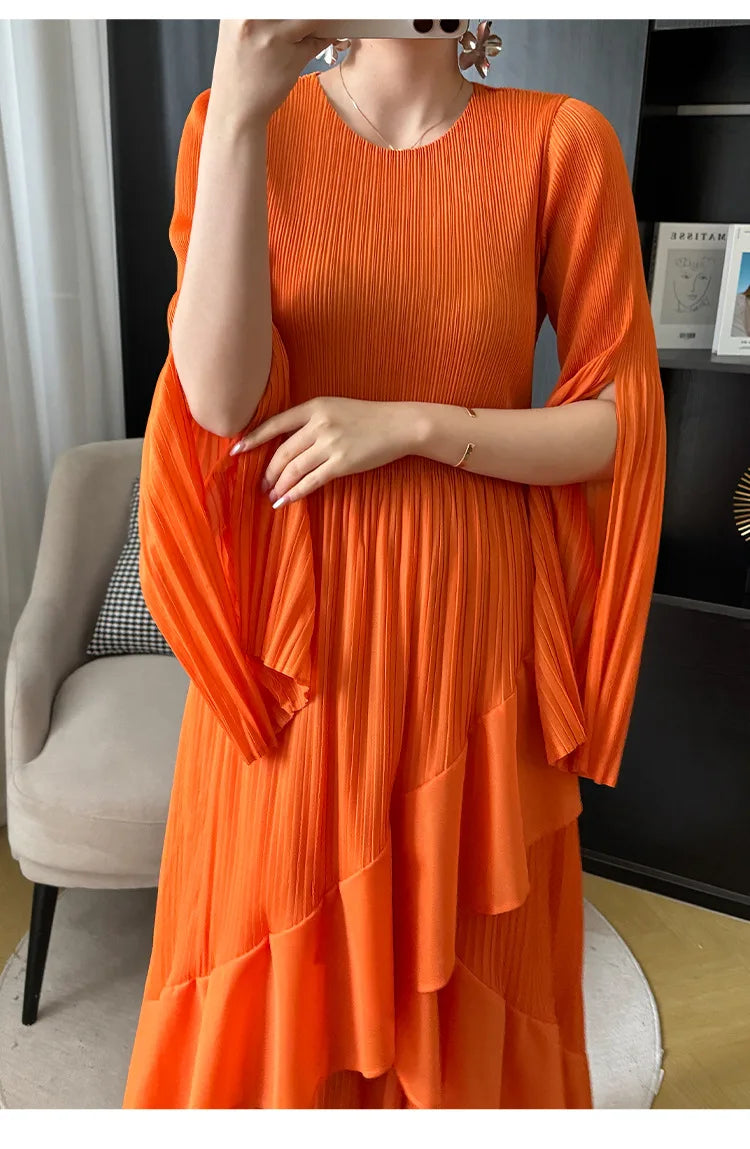 Miyake Folds 2024 Spring New Ruffled Dress Solid Color Plus Size Long Skirt