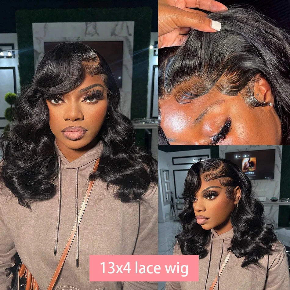 13x4 Short Body Wave Lace Frontal Bob Wig 200% Density Brazilian Remy 100% Human Hair Transparent Lace Wigs For Women 12 14 Inch