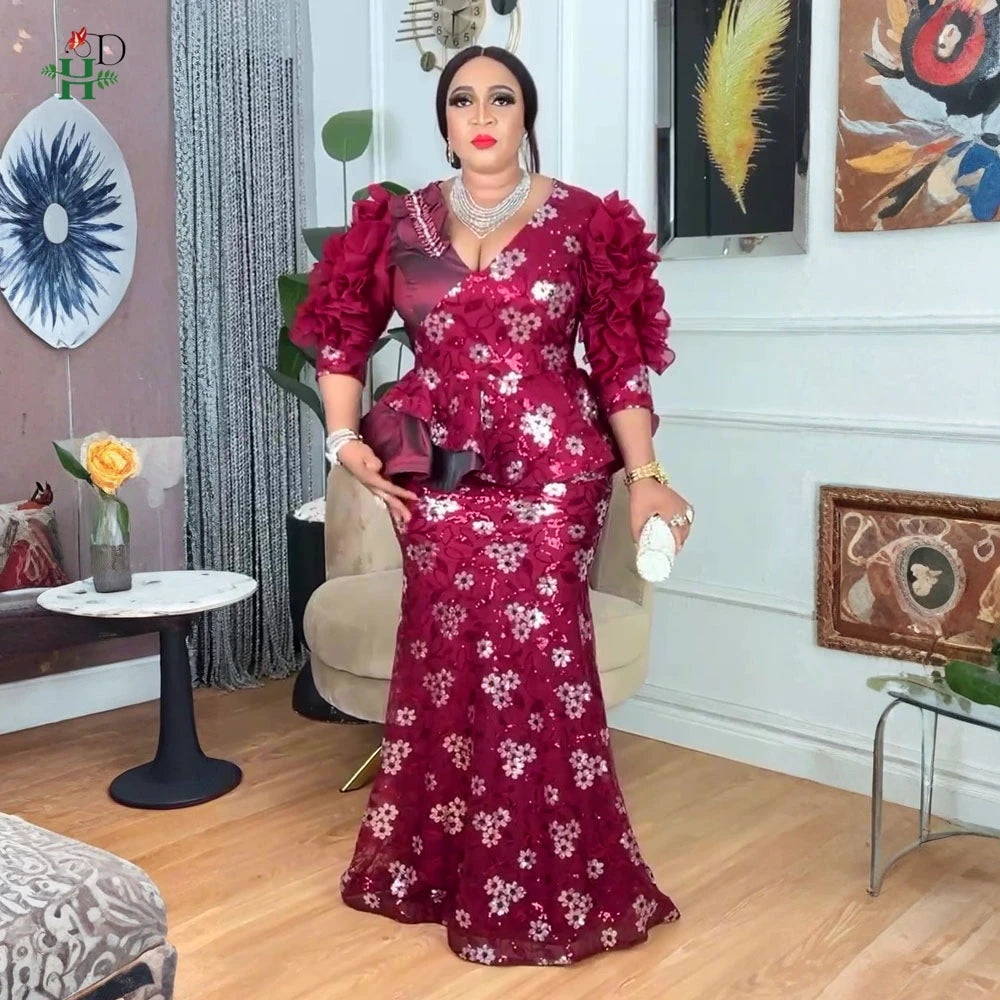 African Dresses For Couple Burgundy Traditional Men 3PCS Embroidered Outfit Set Sequin Floral Mermaid Robe Wedding Party Dress