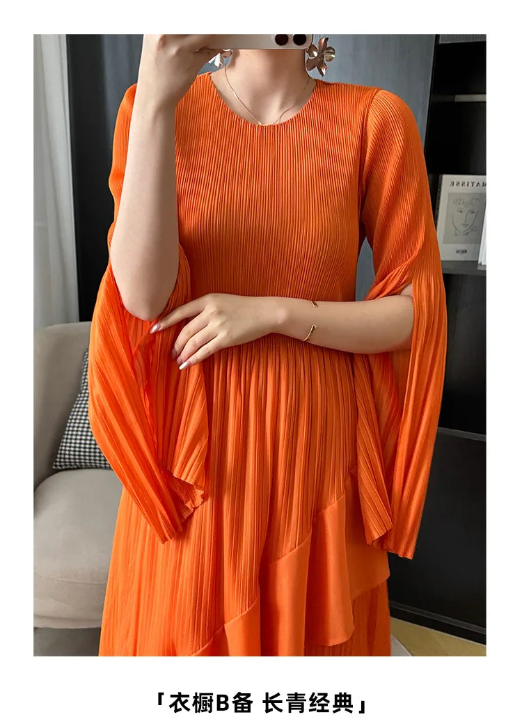 Miyake Folds 2024 Spring New Ruffled Dress Solid Color Plus Size Long Skirt