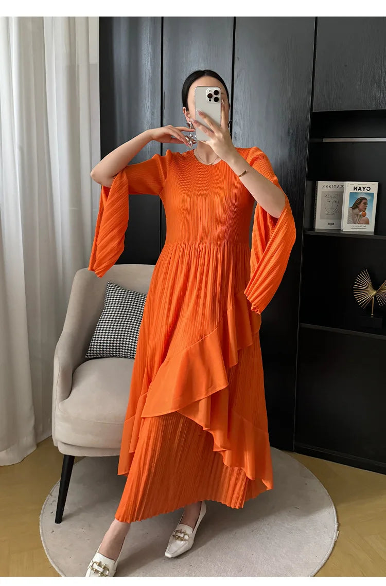 Miyake Folds 2024 Spring New Ruffled Dress Solid Color Plus Size Long Skirt