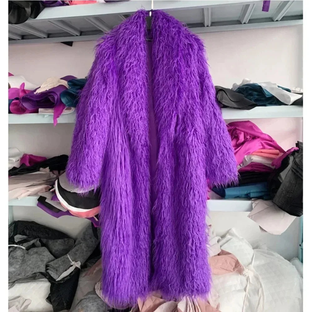 Faux Fur Jacket Women Long Coat Thick Fluffy Winter Warm Shaggy Overcoat Open