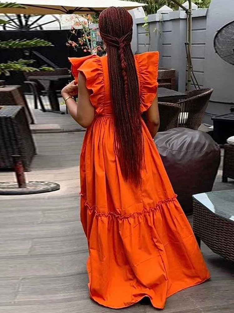 Long Summer Knitted Dress Ruffle Sleeves Casual Orange Dress Women Elegant Luxury Ladies Straight Dresses Wholesale Dropshipping