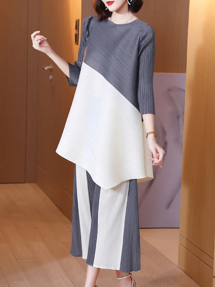 Miyake Pleated Sets Contrast Color O-neck Asymmetric Top Dress+ Loose Wide Leg Pant Two-piece Casual Suits 2022 Autumn Fashion
