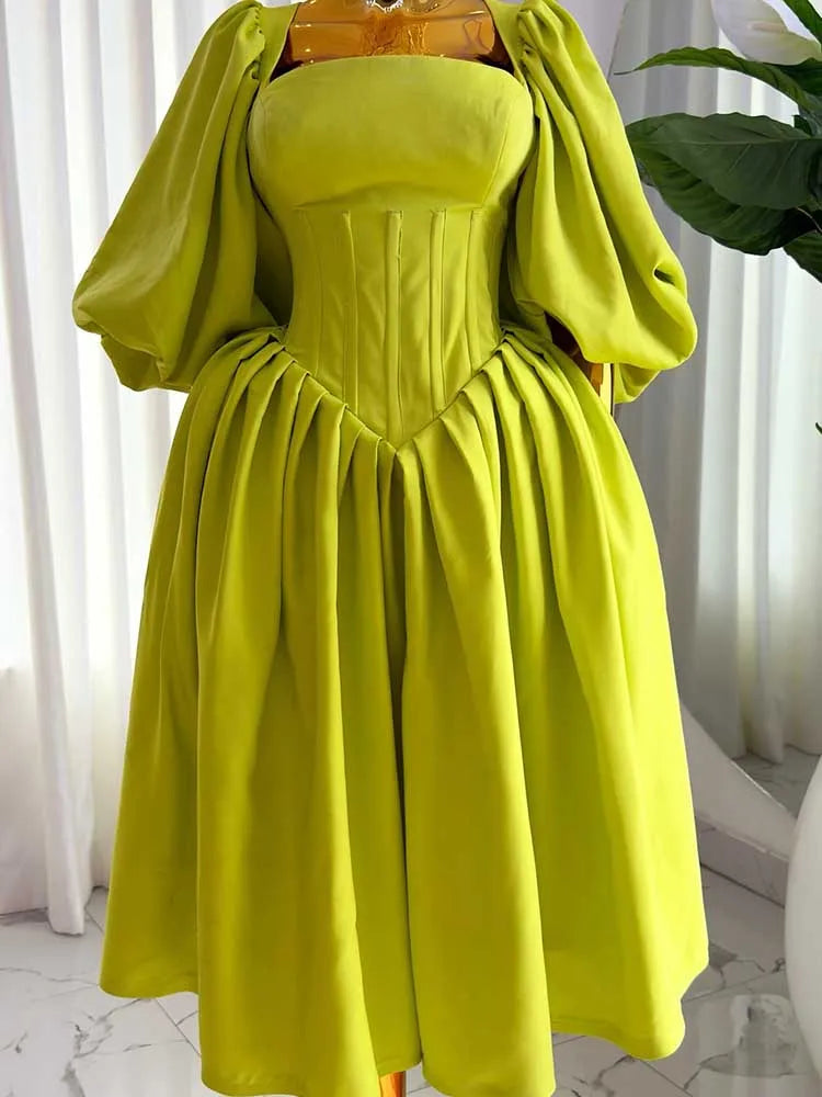 Women Ruched Dresses with Sleeves Spring High Waist Elegant Slash Neck Long Dress Sexy Green Dress Wholesale Dropshipping