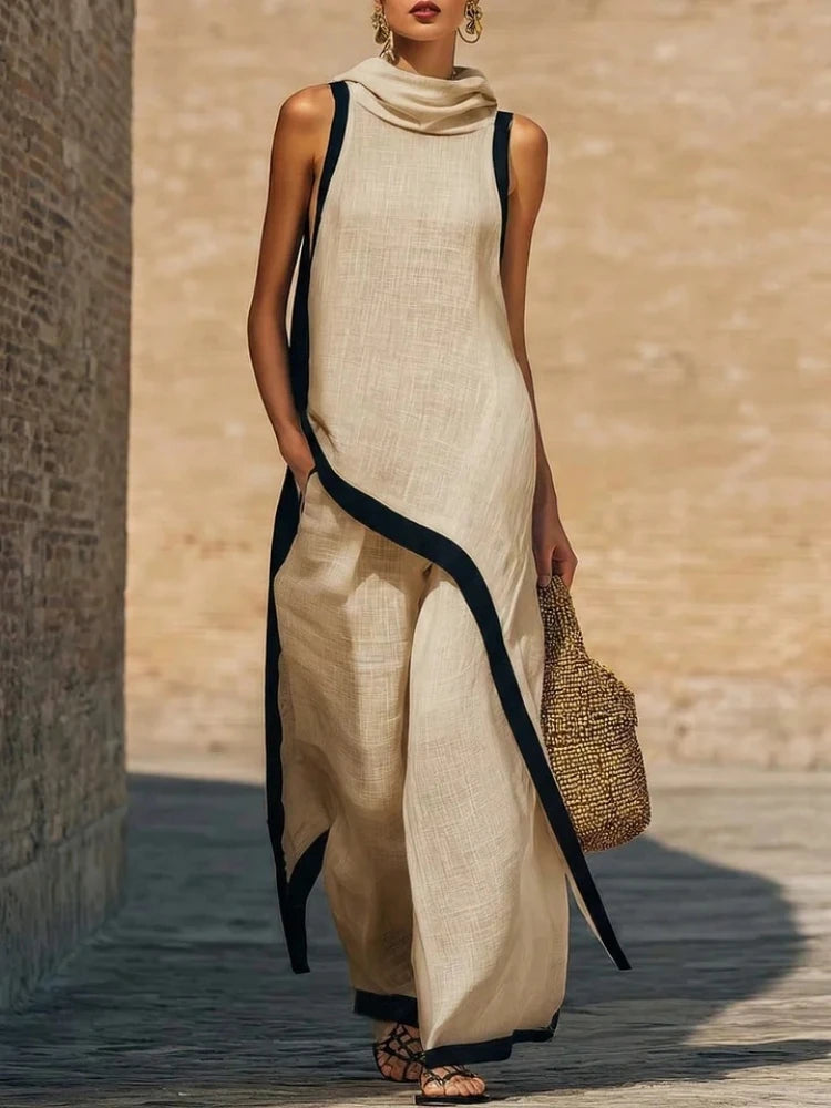 Women's Two-piece Sleeveless Contrasting Color Wide-leg Trousers Summer Casual Fashion Solid Color Irregular Suit For Women