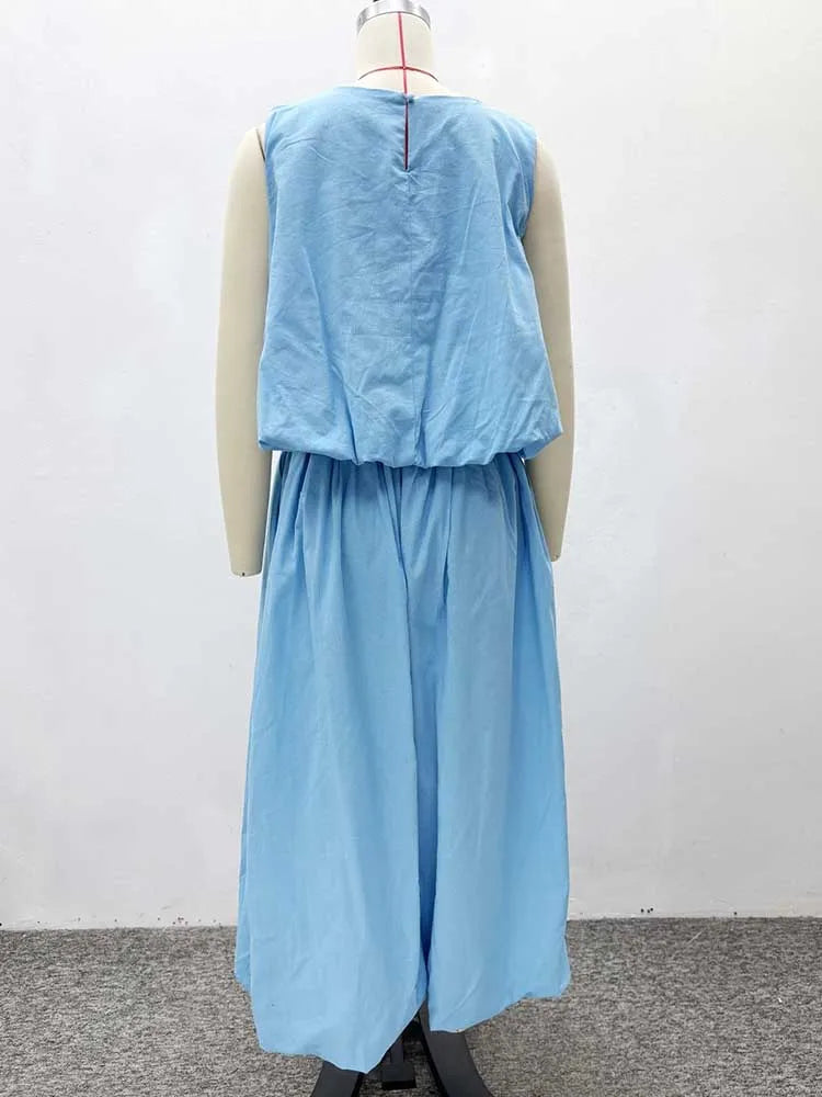 Sets for Women 2 Elegant Pieces Sky Blue Sleeveless Top and Wide Leg Pant Casual Loose Fit Summer Outfits Knit Pants Set