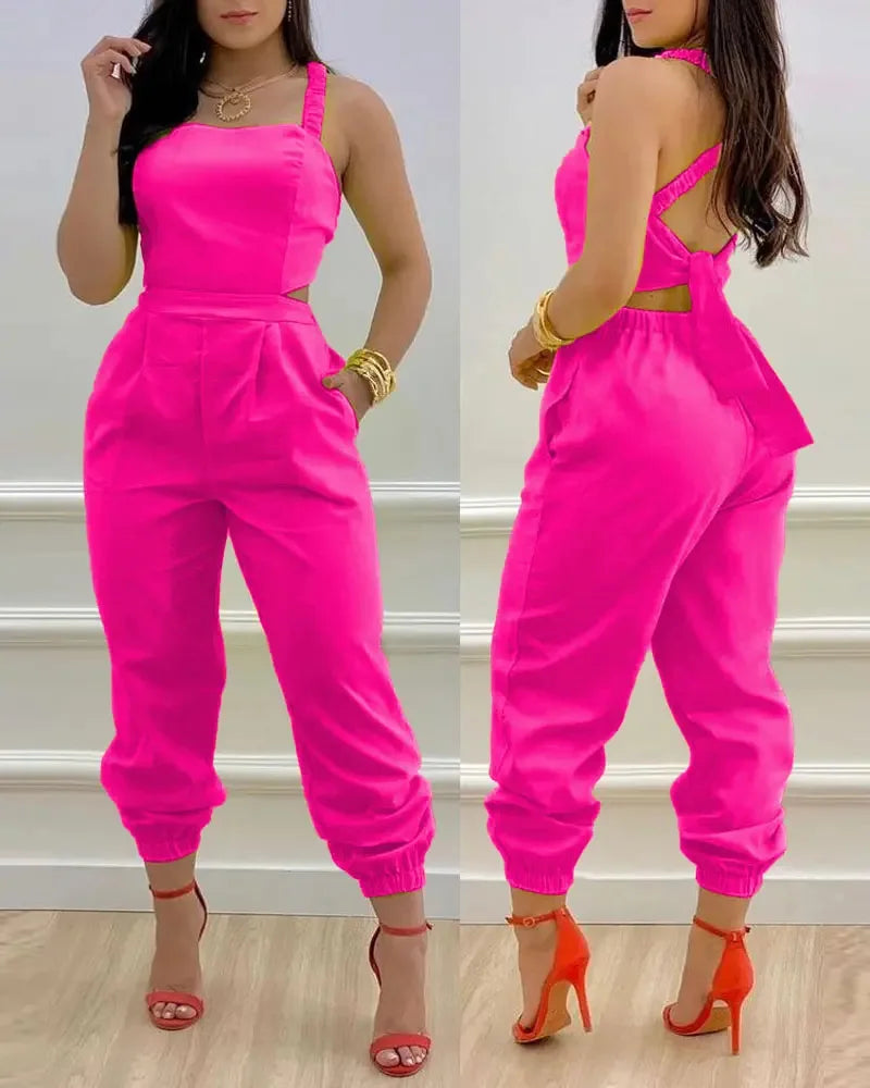 Elegant Women's jumpsuit 2024 Summer Fashion Strap Hollow Sexy Off waist Printed jumpsuit