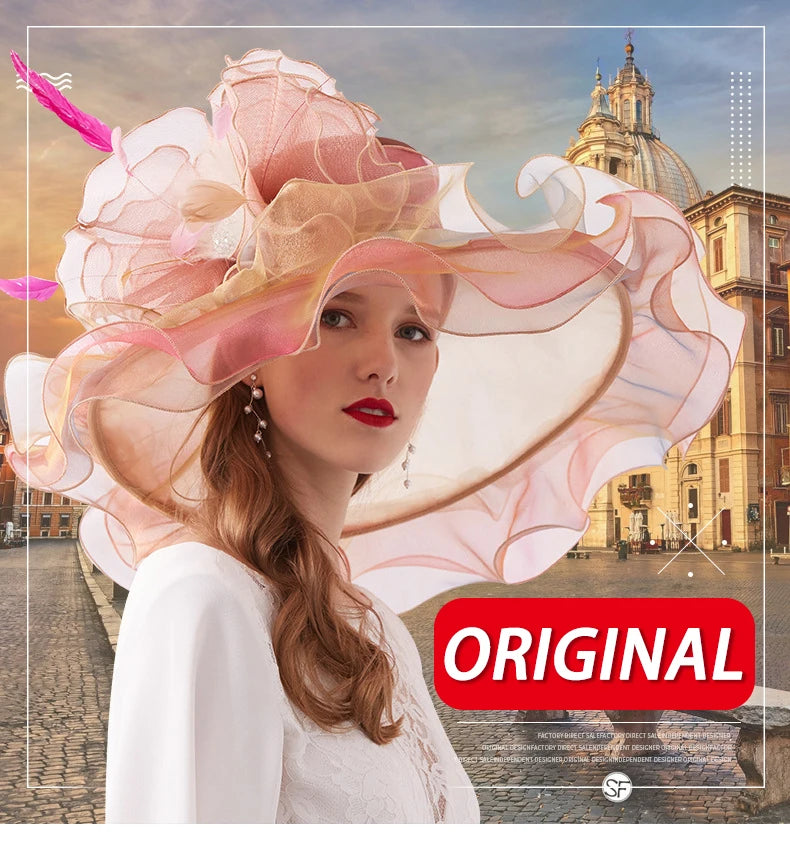 Summer Organza Kentucky Derby Hats For Women Elegant Fascinator Hats Ladies Large Wide Brim Church Wedding Hat With Big Flower