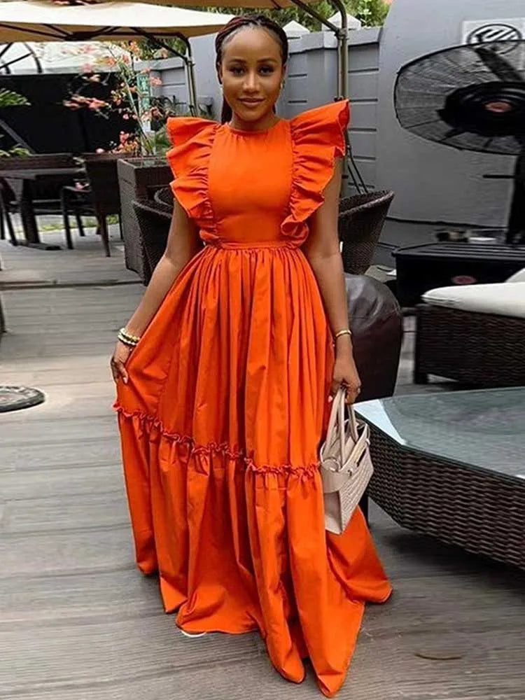 Long Summer Knitted Dress Ruffle Sleeves Casual Orange Dress Women Elegant Luxury Ladies Straight Dresses Wholesale Dropshipping