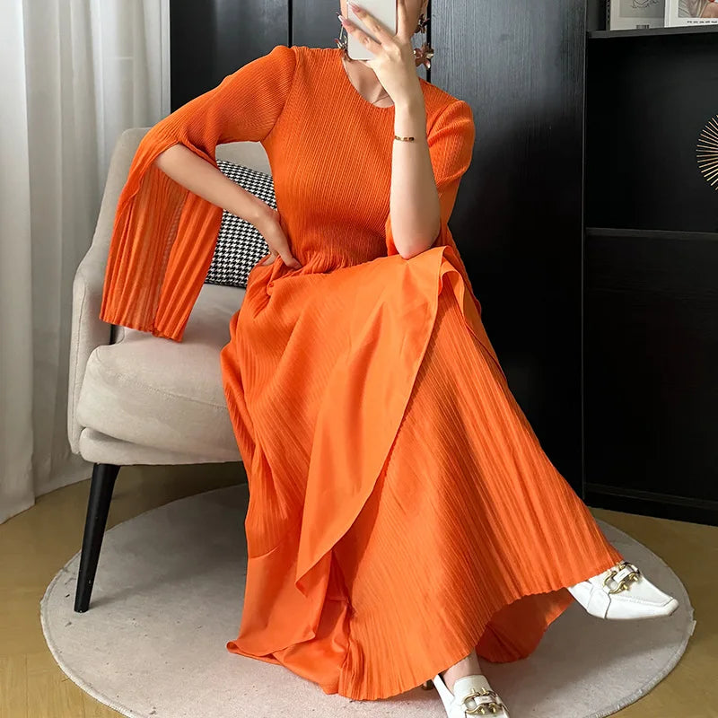 Miyake Folds 2024 Spring New Ruffled Dress Solid Color Plus Size Long Skirt