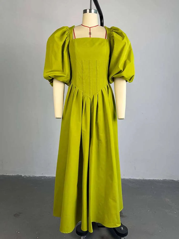 Women Ruched Dresses with Sleeves Spring High Waist Elegant Slash Neck Long Dress Sexy Green Dress Wholesale Dropshipping