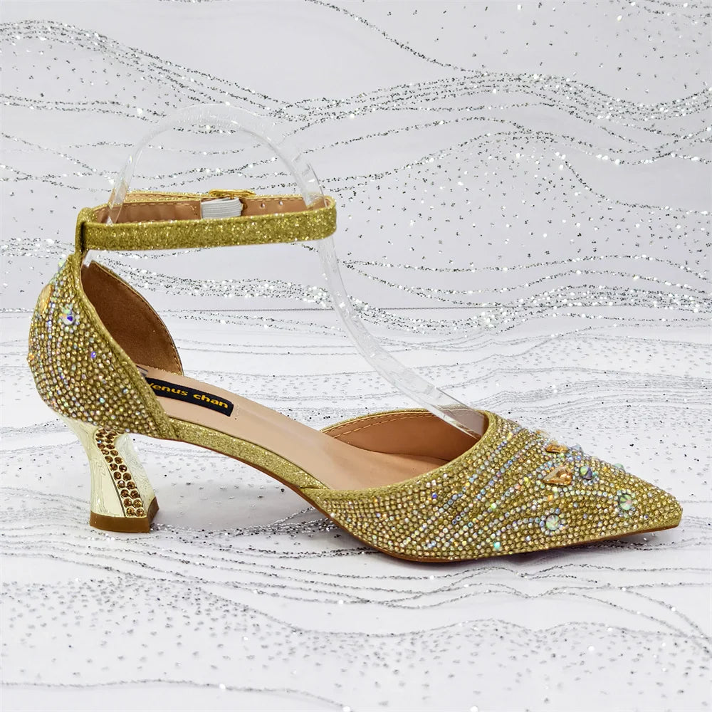 Women's Elegant Rhinestone Pointed Toe Pumps With Matching Shoes And Bag Set