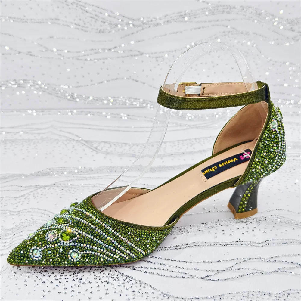 Women's Elegant Rhinestone Pointed Toe Pumps With Matching Shoes And Bag Set