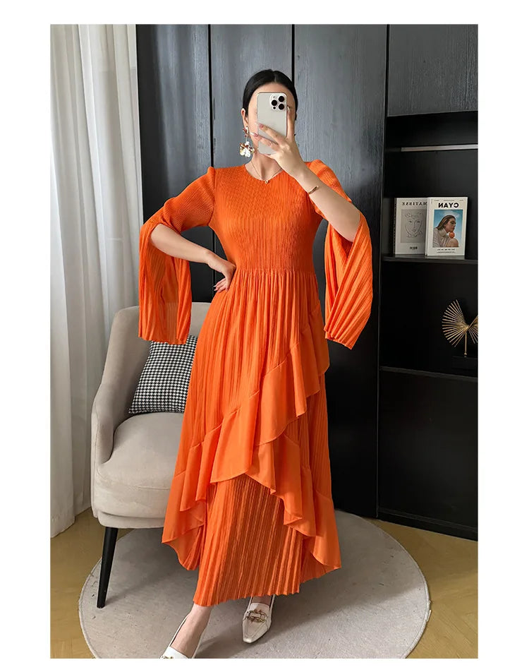 Miyake Folds 2024 Spring New Ruffled Dress Solid Color Plus Size Long Skirt