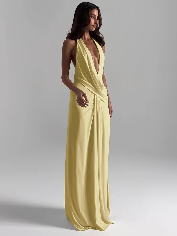 Weird Puss Sexy Backless Long Dress Women Halter Deep V-Neck Sleeveless High Splits Hem New Trend Pool Style Elegant Vestidos