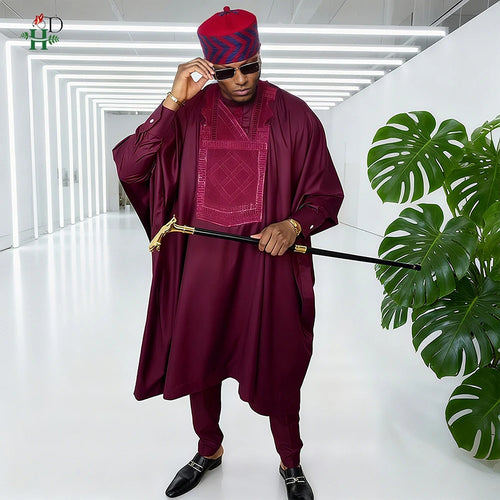 African Dresses For Couple Burgundy Traditional Men 3PCS Embroidered Outfit Set Sequin Floral Mermaid Robe Wedding Party Dress