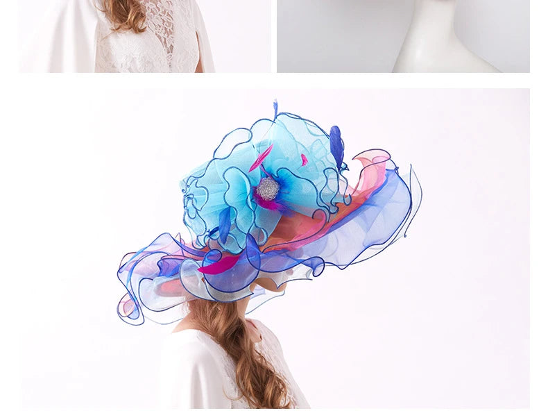 Summer Organza Kentucky Derby Hats For Women Elegant Fascinator Hats Ladies Large Wide Brim Church Wedding Hat With Big Flower