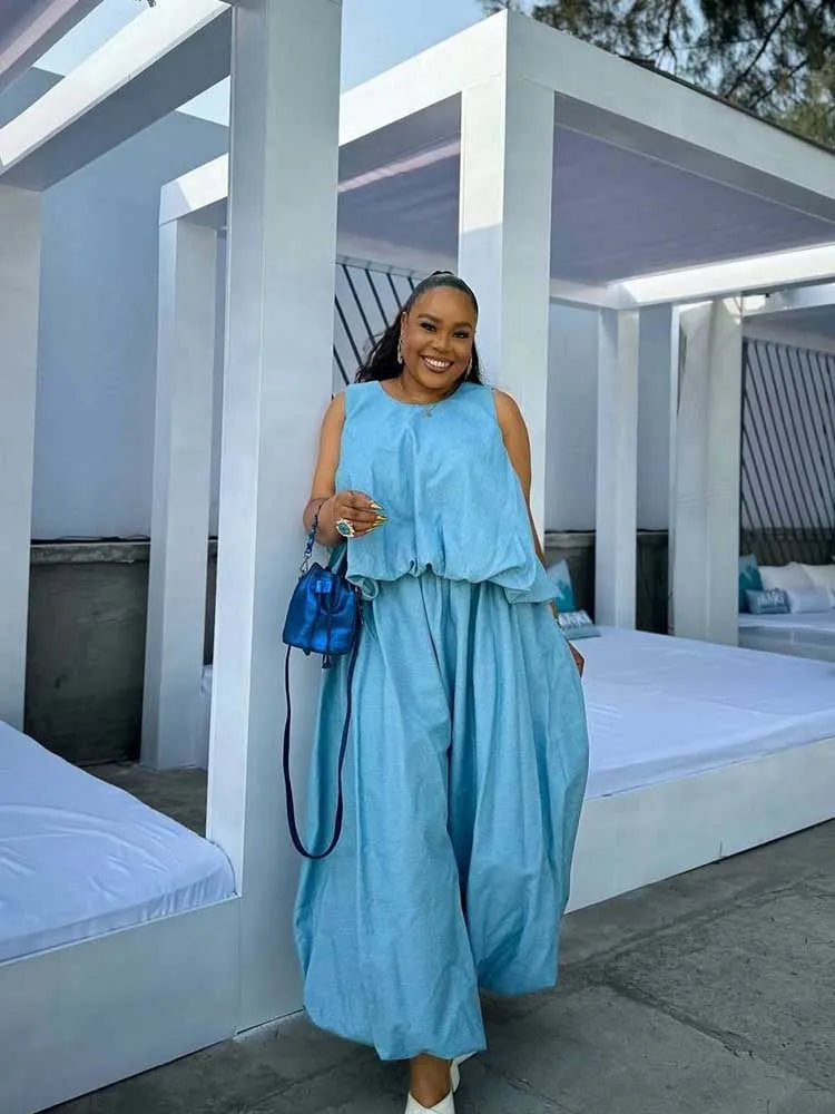 Sets for Women 2 Elegant Pieces Sky Blue Sleeveless Top and Wide Leg Pant Casual Loose Fit Summer Outfits Knit Pants Set