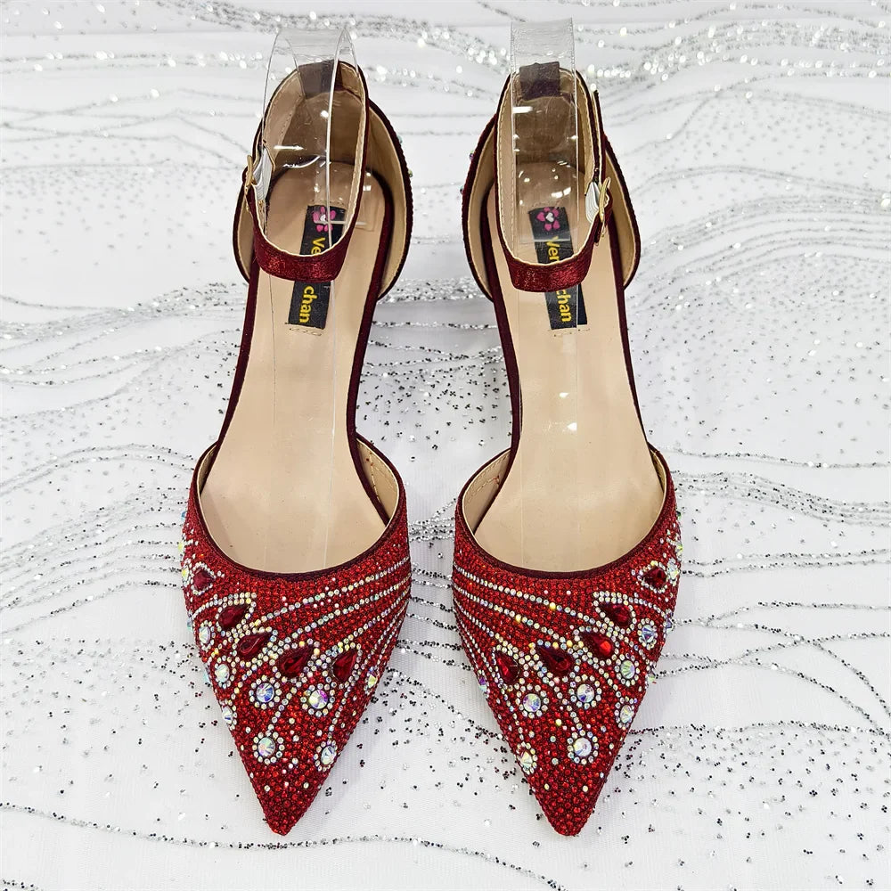 Women's Elegant Rhinestone Pointed Toe Pumps With Matching Shoes And Bag Set