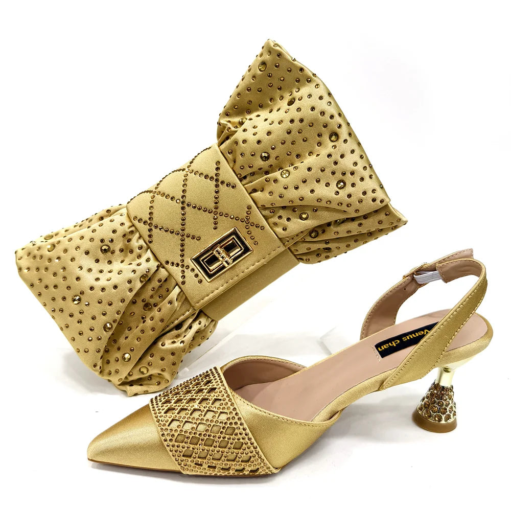 Women's Italian Party Shoes and Bag Set With Elegant Diamond Butterfly