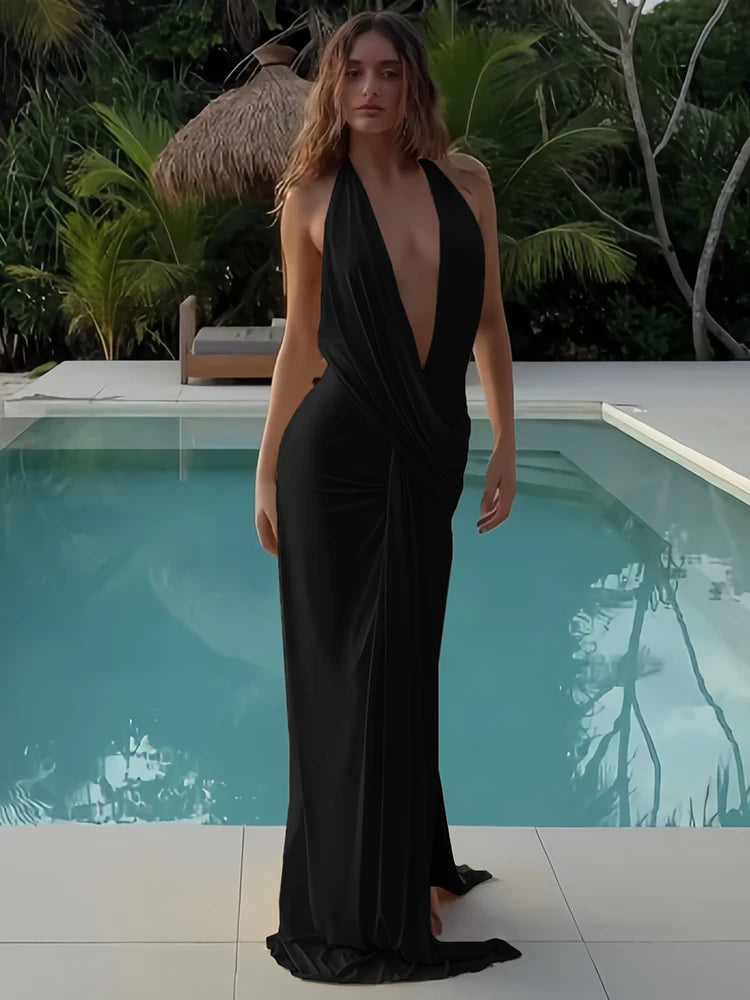 Weird Puss Sexy Backless Long Dress Women Halter Deep V-Neck Sleeveless High Splits Hem New Trend Pool Style Elegant Vestidos