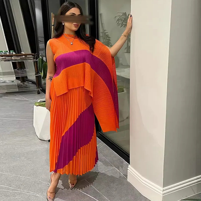 Miyake Fold 2025 Autumn Women's Color Matching New Set Shawl Irregular Top Long Elastic Waist Skirt Two-piece Set