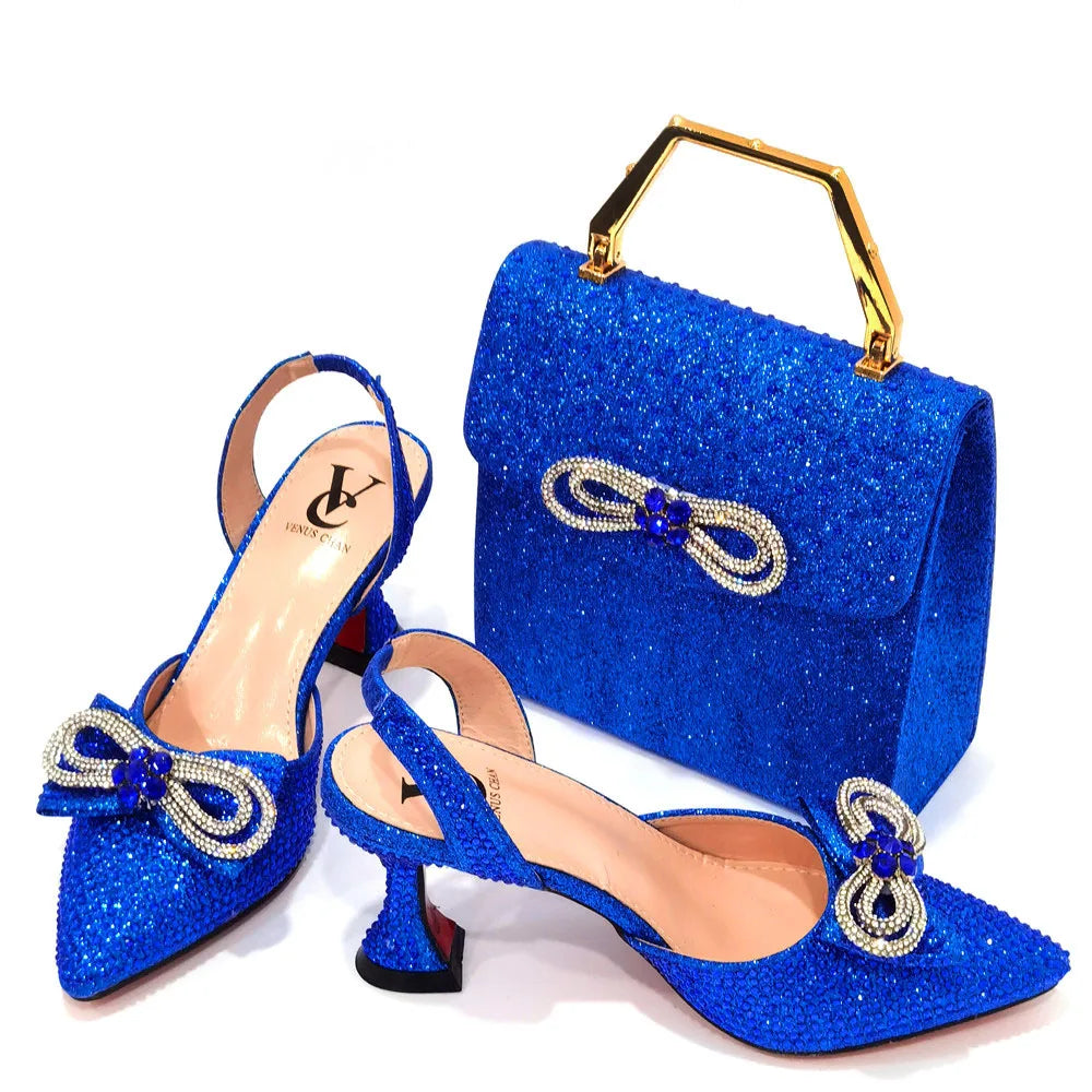 Women's Rhinestone Bow Side Italian Party Shoes And Bags Set