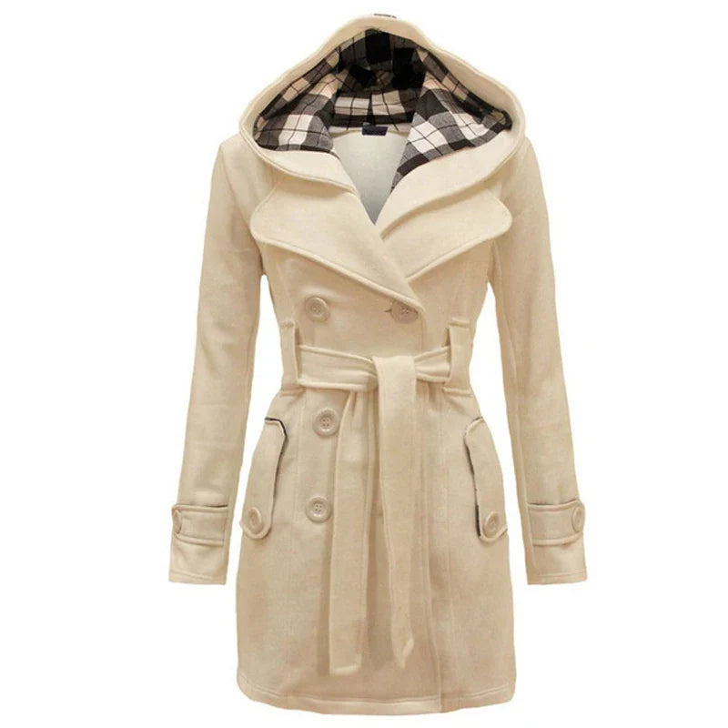 Fashionable Women's Woolen Warm Fleece Double Breast Jacket With Belts