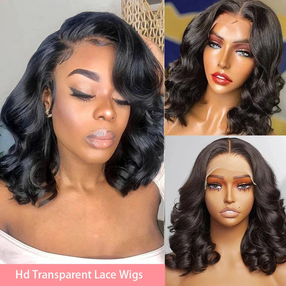 13x4 Short Body Wave Lace Frontal Bob Wig 200% Density Brazilian Remy 100% Human Hair Transparent Lace Wigs For Women 12 14 Inch