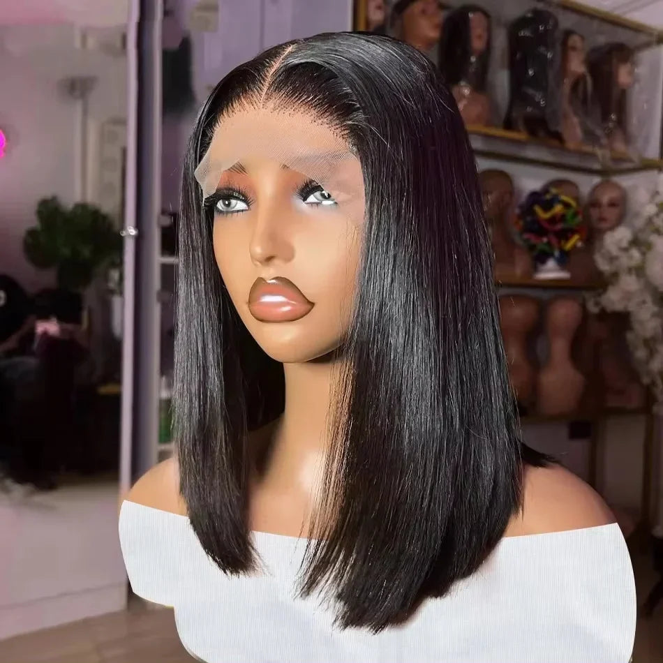 16Inch Vietnamese Super Double Drawn Bone Straight 13x4 Frontal Bob Wig with Human Hair Natural Black 210%Density For BlackWomen