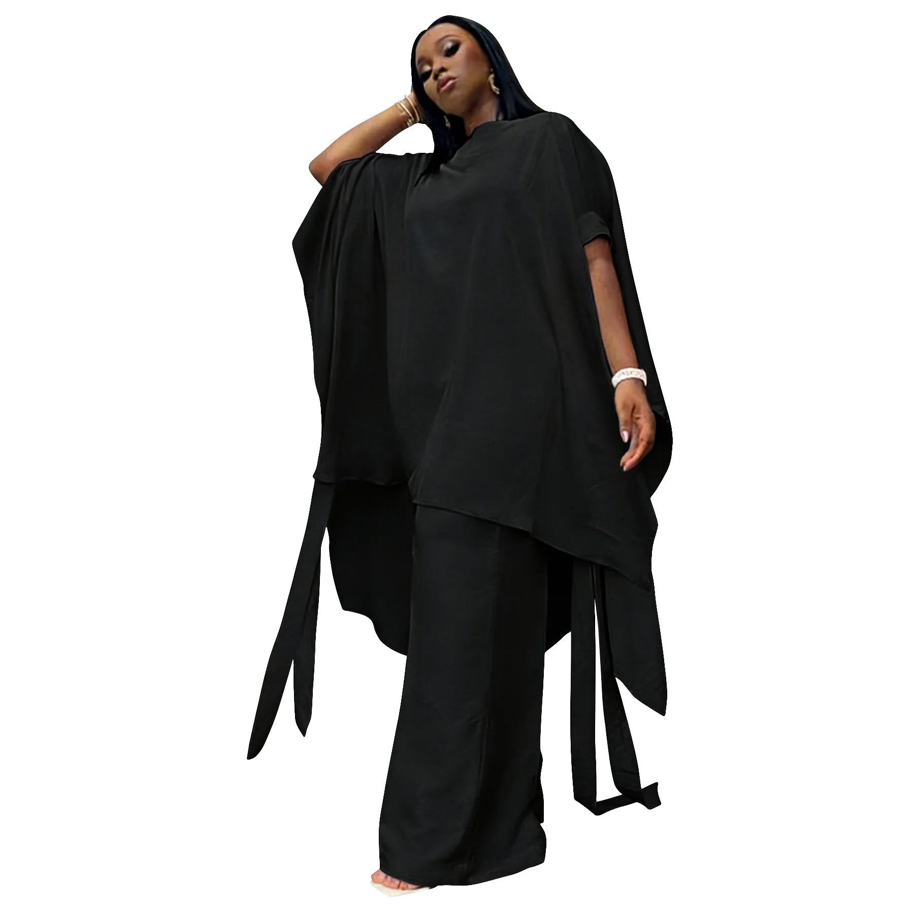 Plus Size Summer N8172 Silk Satin Set Design Shoulder Shawl Top Wide Leg Pants Outfit Elegant Street Style for Women Universa...