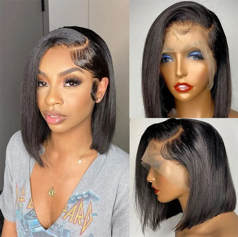 16Inch Vietnamese Super Double Drawn Bone Straight 13x4 Frontal Bob Wig with Human Hair Natural Black 210%Density For BlackWomen