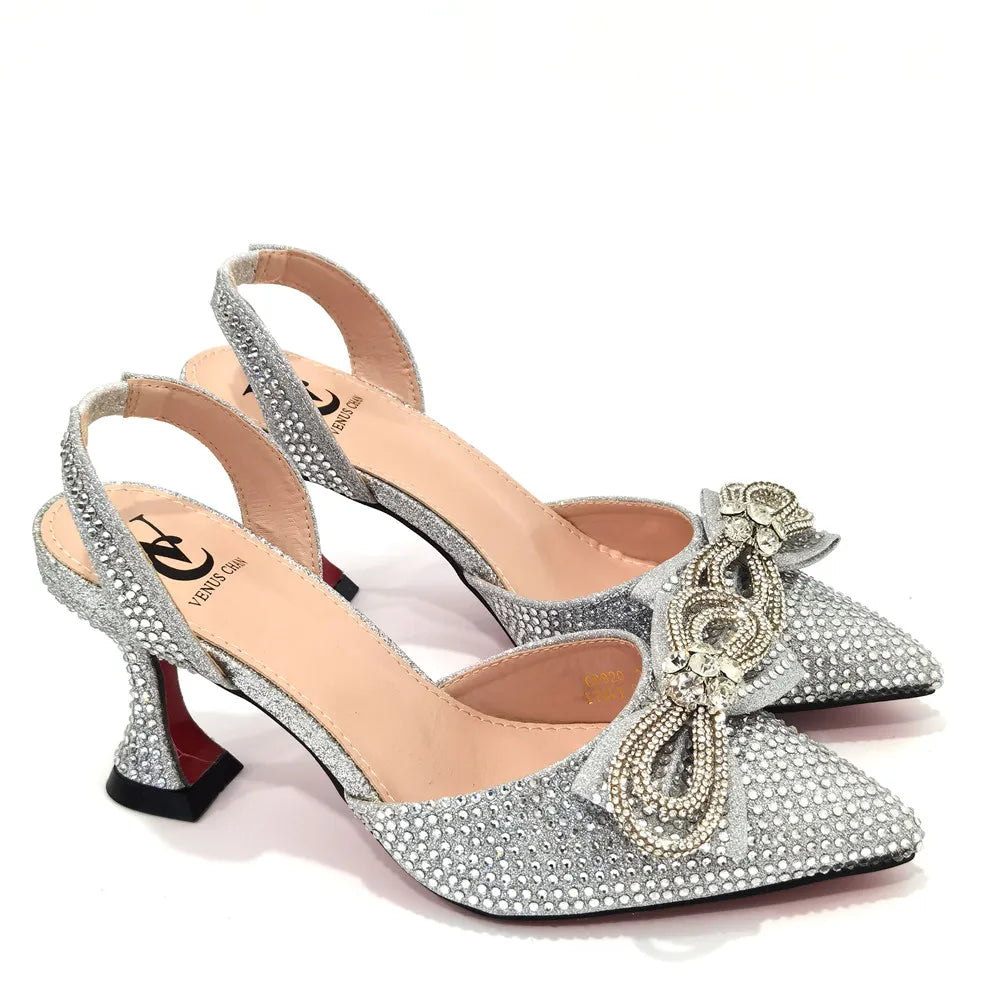 Women's Rhinestone Bow Side Italian Party Shoes And Bags Set