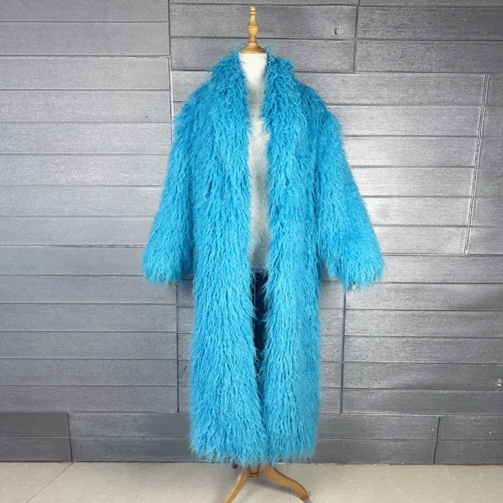 Faux Fur Jacket Women Long Coat Thick Fluffy Winter Warm Shaggy Overcoat Open