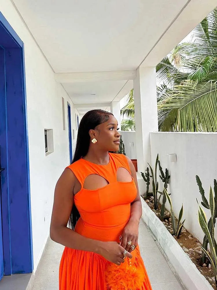 Long Summer Woman Dress Hollow Out Knitted Maxi Dress Beautiful Orange Dress for Women Elegant Party Wholesale Dropshipping