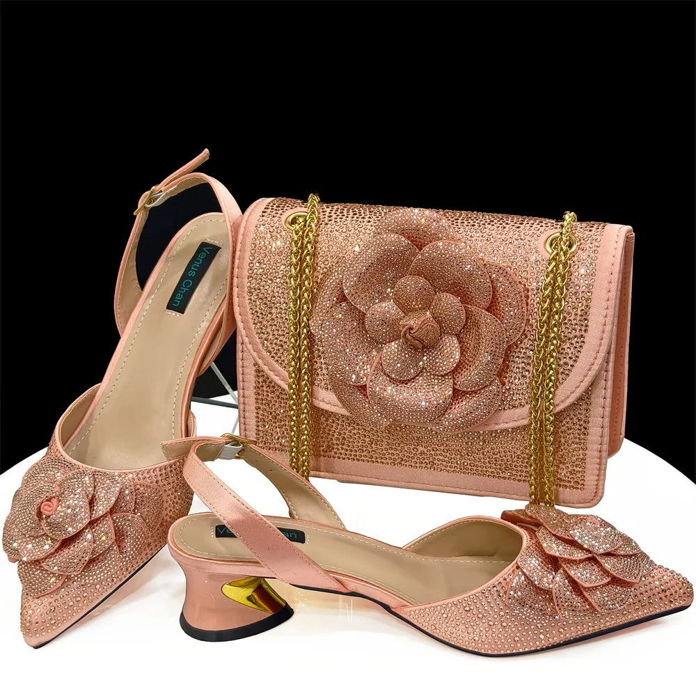 Women's Pointed-Toe Large Flower Decoration Rhinestone Low Heel Italian Shoes and Bags Set